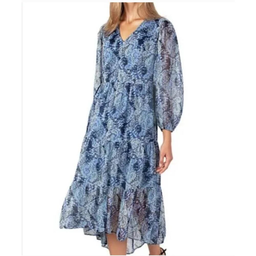 Joie Dress Womens Size XXL Blue Tiered Midi Parisian‎ Paisley Long sleeve Tiered